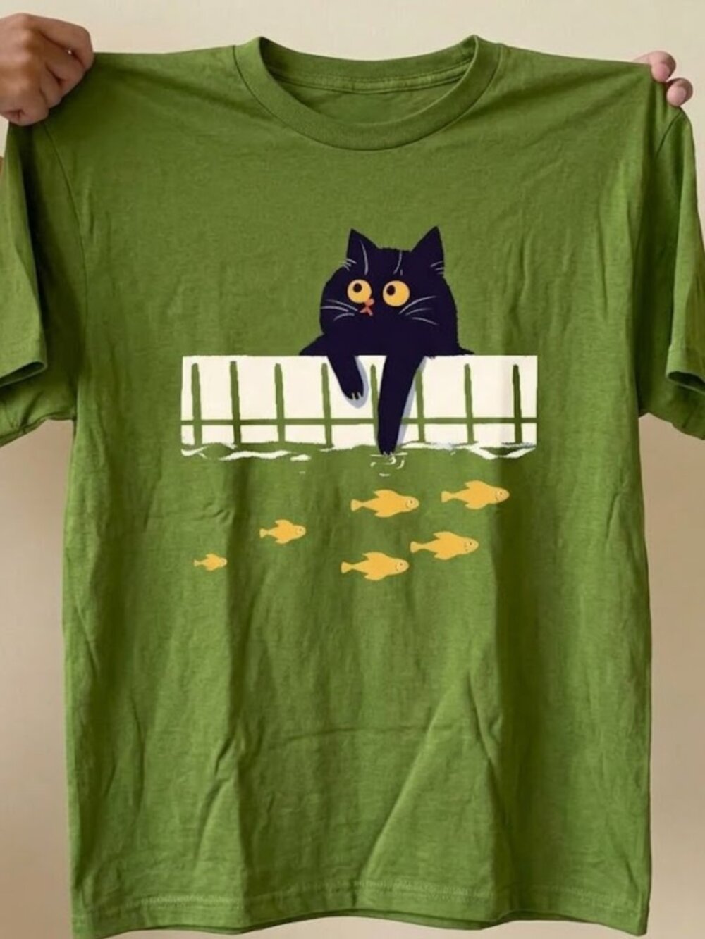 Black Cat Graphic T-Shirt, Cute Cat Fishing Pond Graphic Print, Green Aesthetic